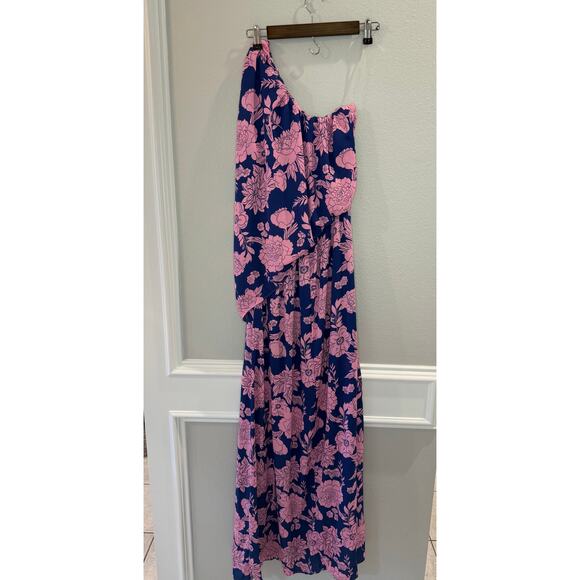 005 Pink Lily Navy Pink Floral One Shoulder Maxi Dress Sz S Summer - Picture 2 of 5